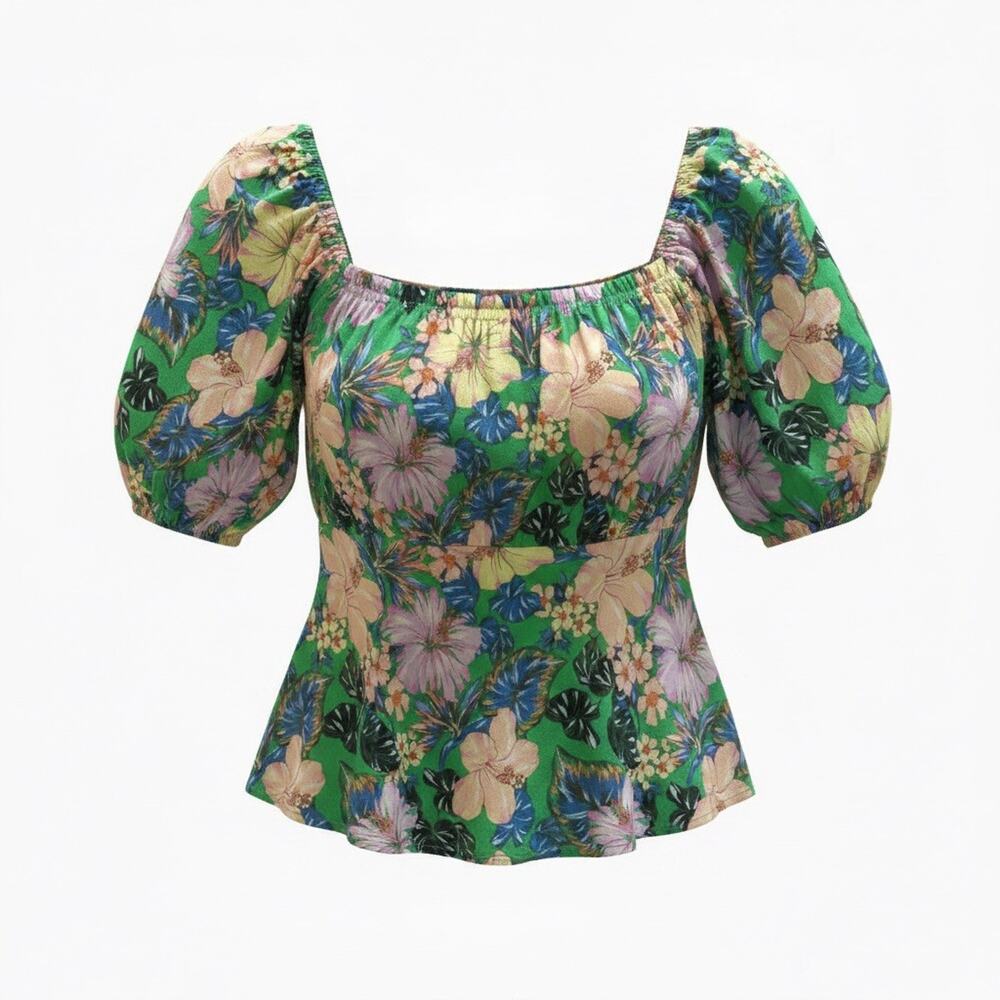 Oneill Fitted Bodice Green Puff Shoulder Tropical Resort Floral Top Small